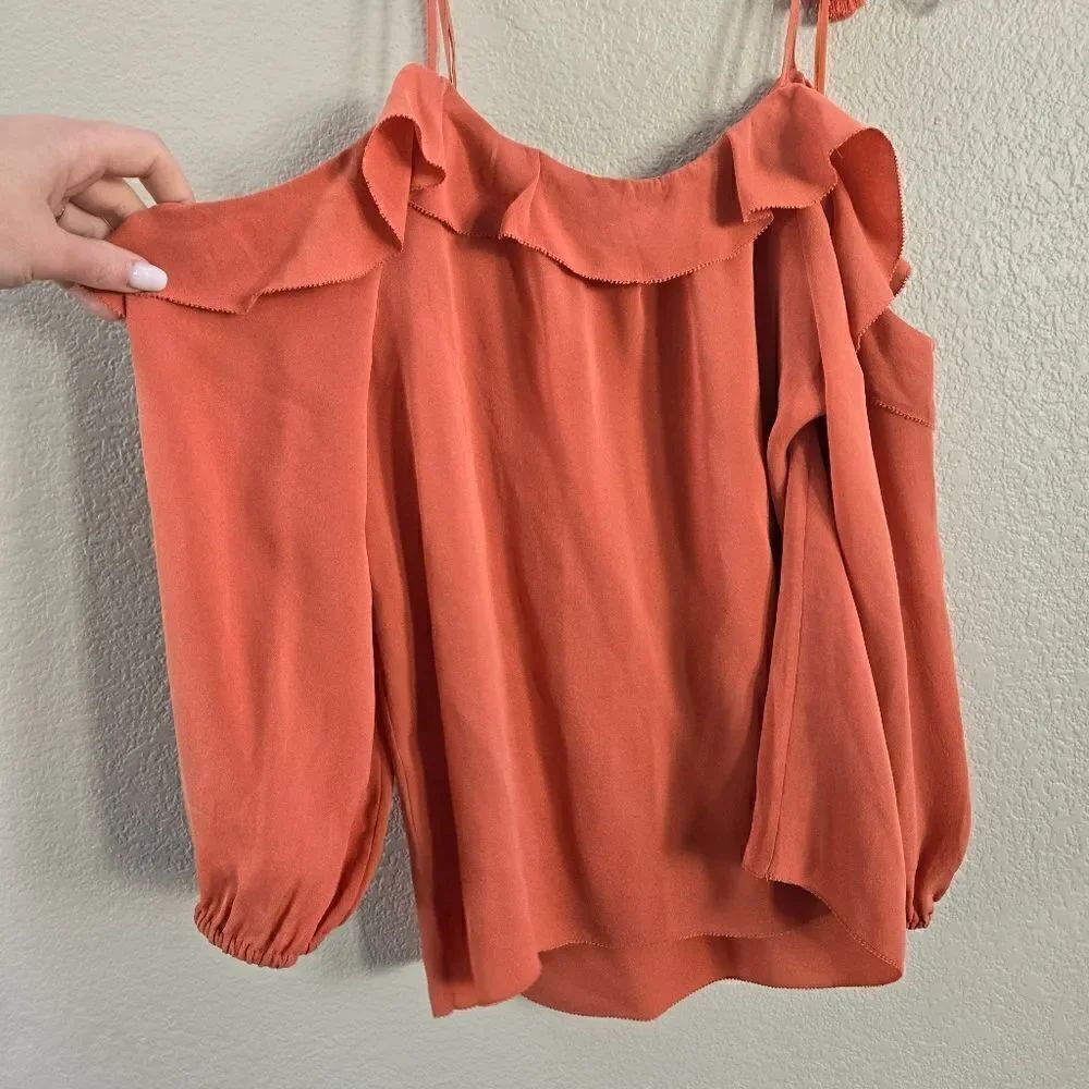 JOIE 100% Silk Cold Shoulder Top Womens Small S Orange Tie Strap Boho Peasant
